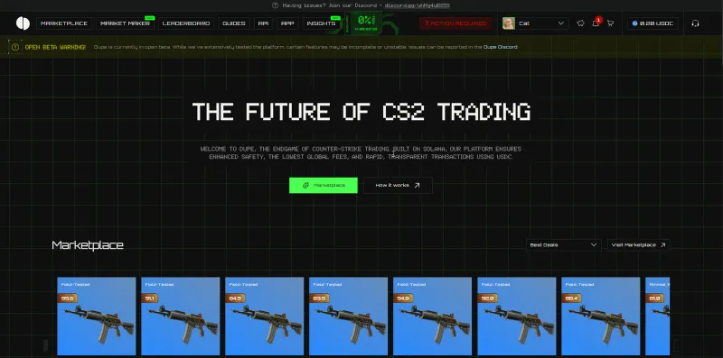 Dupe.fi homepage with the slogan The Future of CS2 Trading and a marketplace preview
