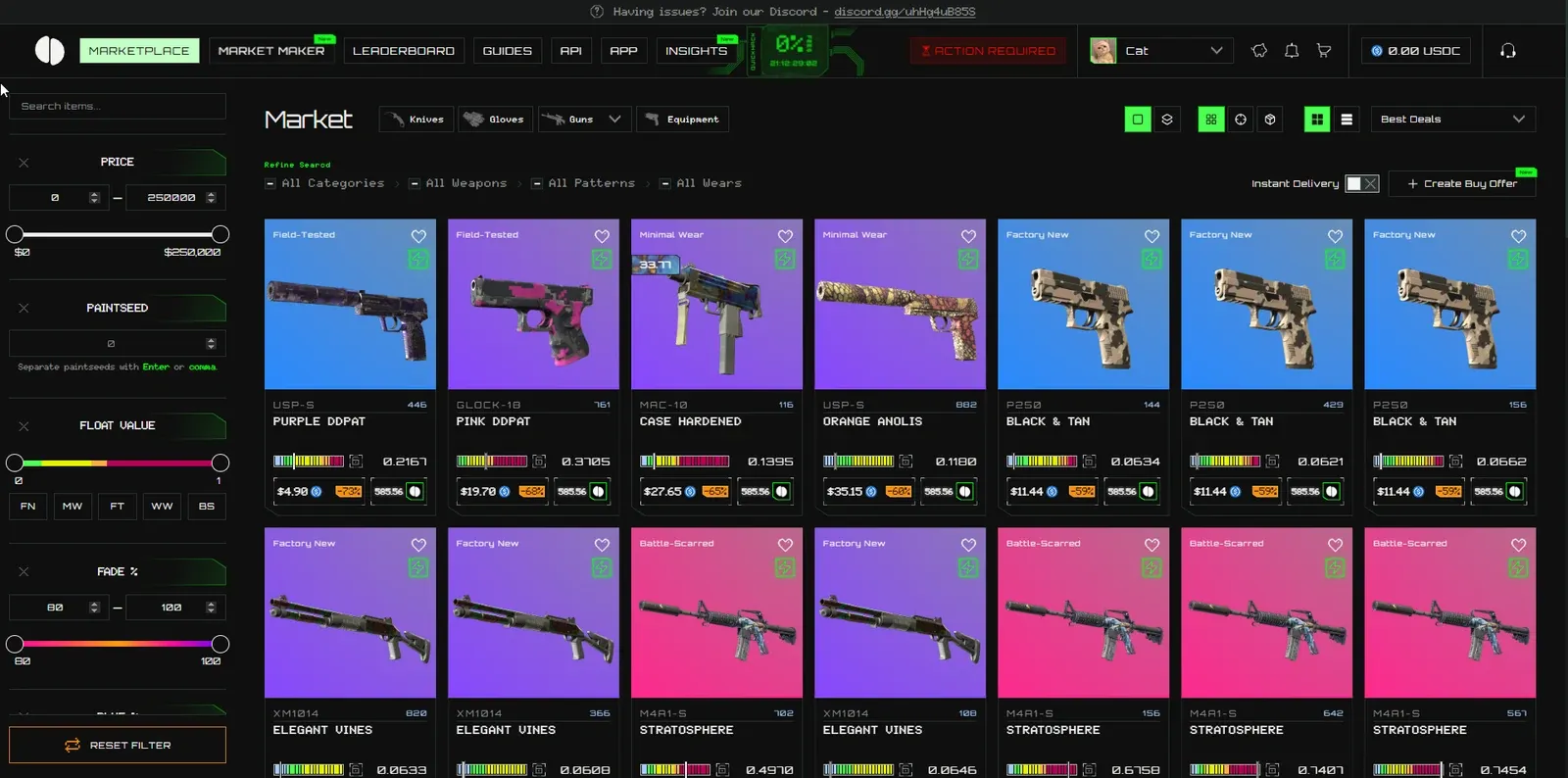 Dupe.fi marketplace grid showing CS2 skins with price, wear and float filters down the left side