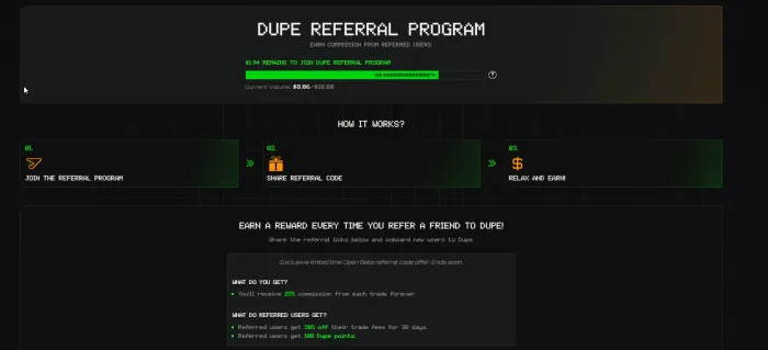 Dupe.fi referral program page showing 25 percent commission for referrers and 30 percent off fees plus 100 Dupe points for referred users