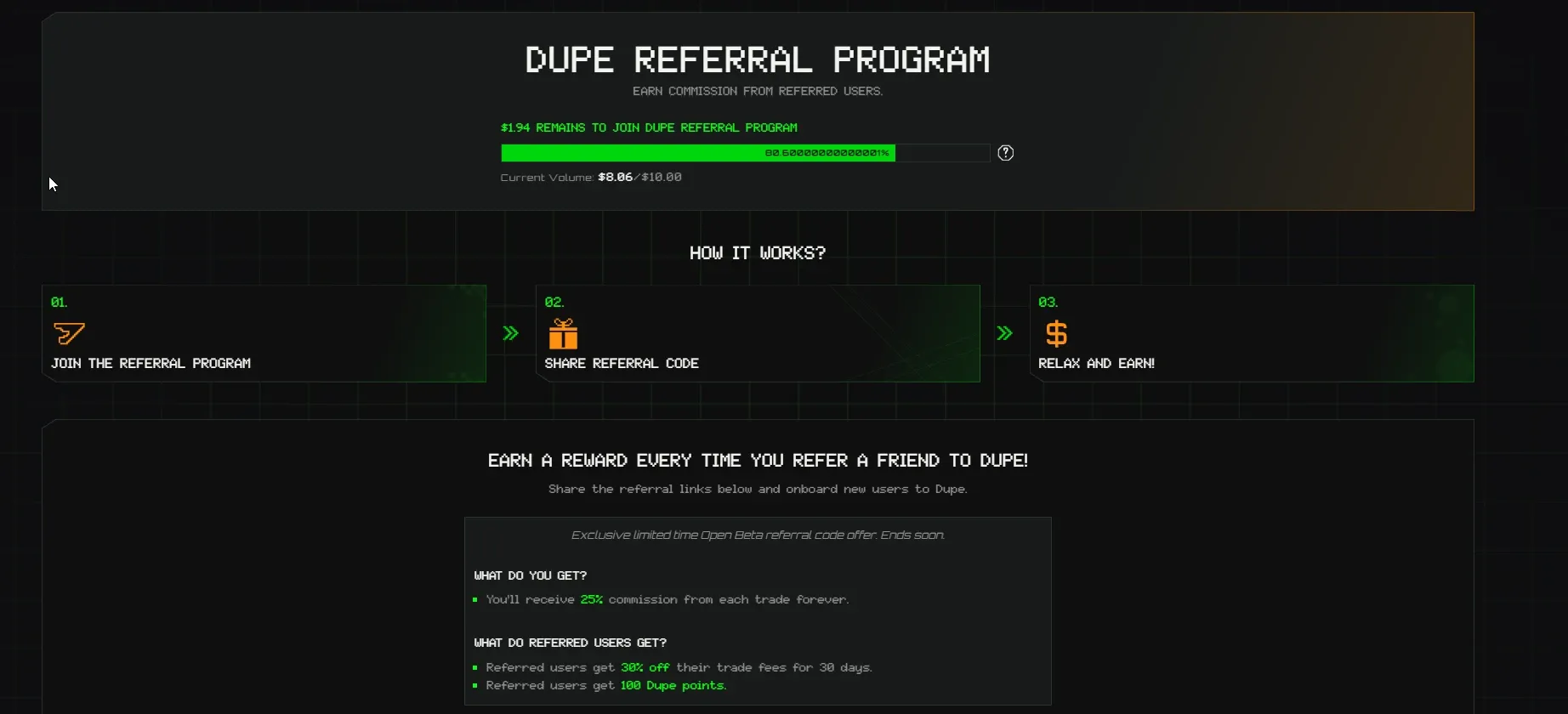 Dupe.fi referral program page showing 25 percent commission for referrers and 30 percent off fees plus 100 Dupe points for referred users