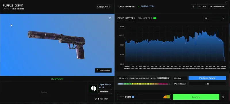 Dupe.fi skin detail page with a price history chart, float bar and buy now button