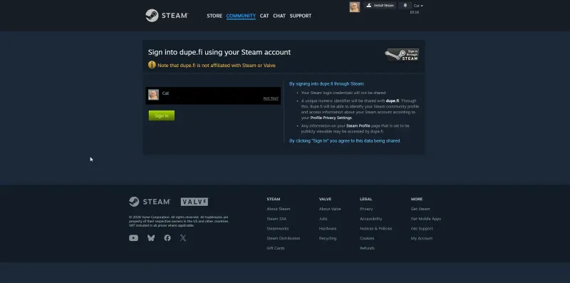 Steam sign-in page for dupe.fi noting it is not affiliated with Steam or Valve
