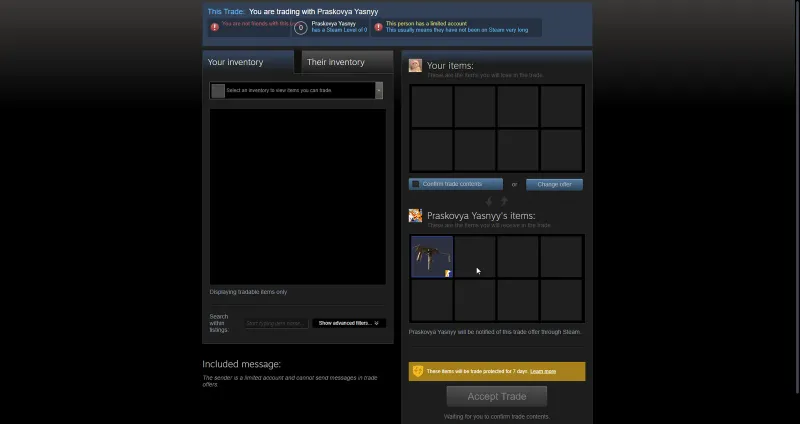 Steam trade offer for an MP9 from a limited Steam Level 0 account, marked trade protected for seven days