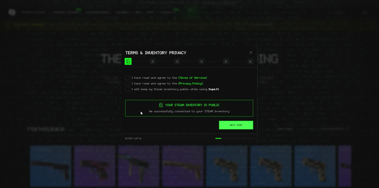 Dupe.fi onboarding step asking the user to agree to terms and keep their Steam inventory public