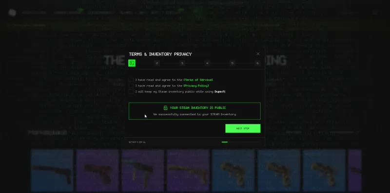 Dupe.fi onboarding step asking the user to agree to terms and keep their Steam inventory public