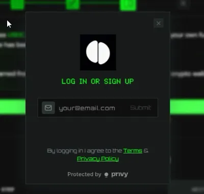 Dupe.fi built-in wallet login screen powered by Privy asking only for an email