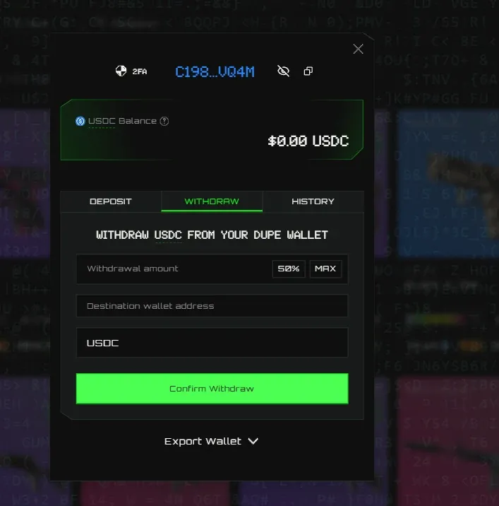 Dupe.fi wallet panel showing a USDC balance with deposit, withdraw and history tabs and an export wallet option