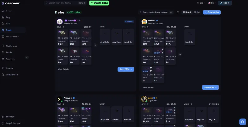 CSBoard Trades board where users list the skins they give and want, each with a Send Offer button