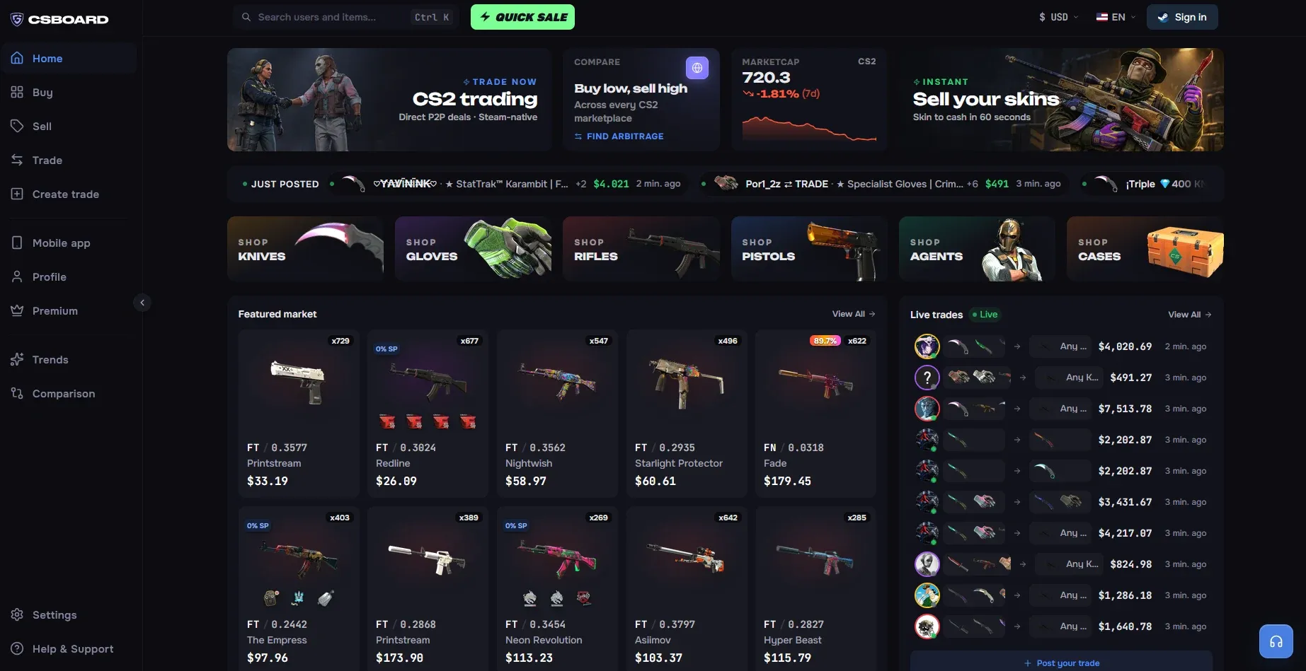 CSBoard homepage with the Quick Sale button, trading and Sell your skins banners, the featured market and a live trades feed
