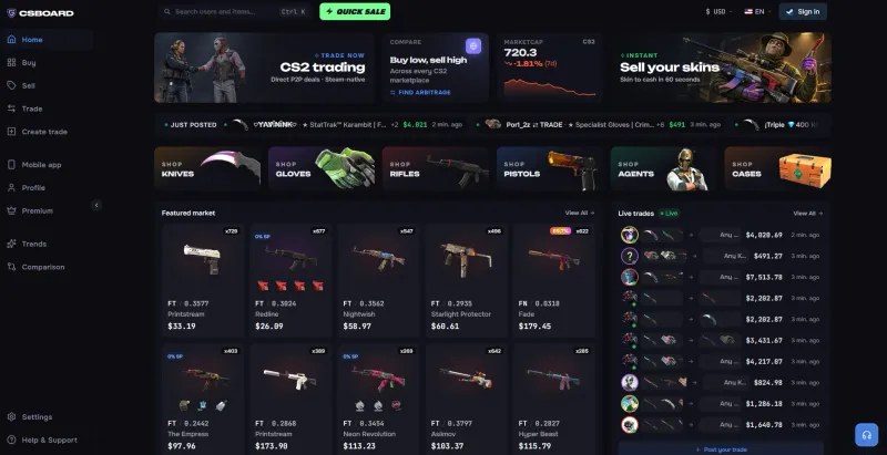 CSBoard homepage with the Quick Sale button, trading and Sell your skins banners, the featured market and a live trades feed