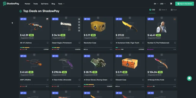 ShadowPay Top Deals grid with CS2, Dota 2 and Rust tabs, listing an AK-47 Asiimov, a Desert Eagle Printstream, cases and knives with their discounts.