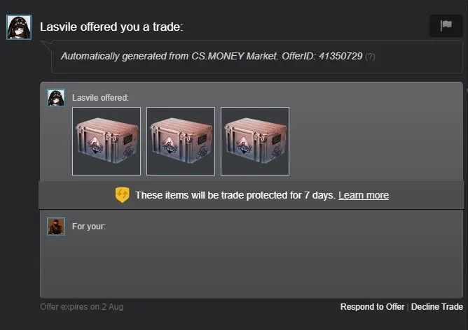 Steam trade offer from a CS.Money bot delivering three Dreams and Nightmares cases with a 7 day trade protection notice