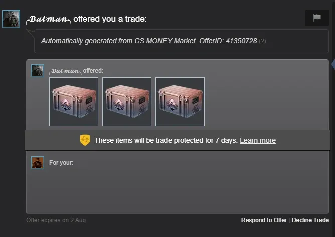 Second Steam trade offer from a CS.Money bot delivering three more Dreams and Nightmares cases