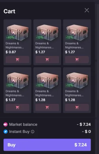 CS.Money cart showing six Dreams and Nightmares cases at 0.87 to 1.28 dollars each