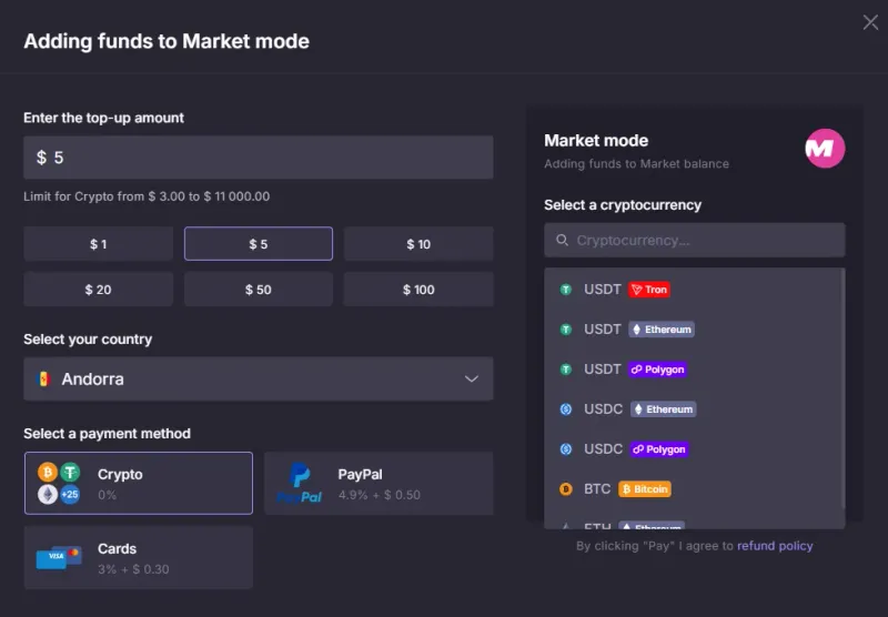 CS.Money add funds screen showing crypto, PayPal and card options with fees for Market mode
