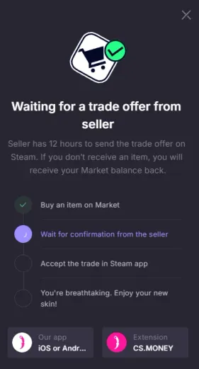 CS.Money waiting screen after buying a Market item, showing the seller has 12 hours to send the Steam trade