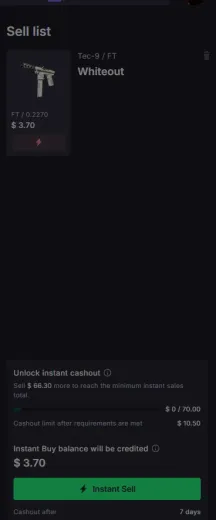 CS.Money instant sell screen for a Tec-9 Whiteout priced at 3.70 dollars