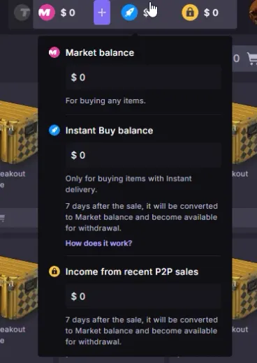 CS.Money balance breakdown showing Market balance, Instant Buy balance and Income from recent P2P sales as separate wallets
