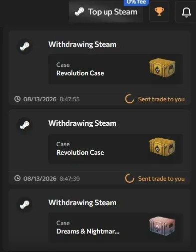 Waxpeer transaction log showing case items sent to Steam as completed withdrawals.