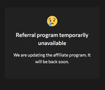 Notice stating Waxpeer's referral program is temporarily unavailable while being updated.