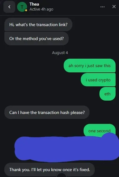 Support chat with a Waxpeer agent asking for a crypto transaction hash to resolve a payment issue.
