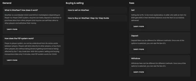 Waxpeer help center categories covering general info, buying and selling, and fee details.