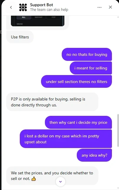 Skinflow support chat explaining that peer-to-peer is only available for buying, selling is done directly through Skinflow, and We set the prices, and you decide whether to sell or not