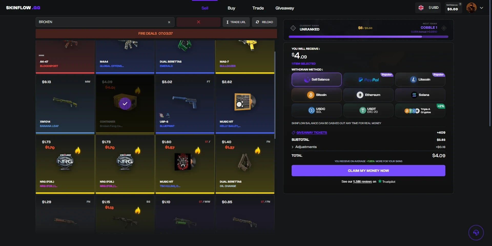 Skinflow sell page showing a selected Broken Fang case, a 4.09 dollar payout, and withdraw methods including Sell Balance, PayPal, Litecoin, Bitcoin, Ethereum, Solana, USDC, USDT and a Triple A crypto option with a 2 percent bonus