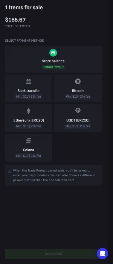 Tradeit payout screen listing store balance as an instant free payout and bank transfer, Bitcoin, Ethereum, USDT and Solana each at a 10 dollar minimum and 2 percent fee