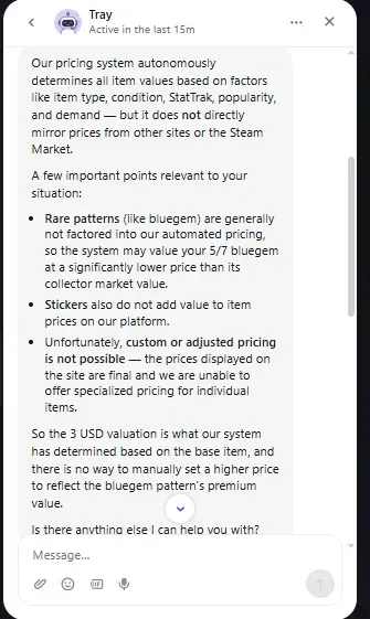 Tradeit support agent explaining that the automated pricing system does not factor in rare patterns like bluegem, so a 5 out of 7 bluegem is valued at base market price