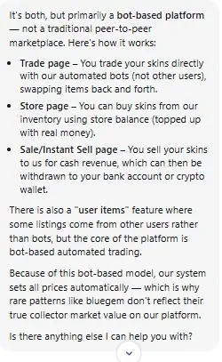 Tradeit support chat explaining that the platform is bot-based with a Trade page for swapping with bots, a Store page for buying with store balance and a Sale or Instant Sell page for selling to the site for cash