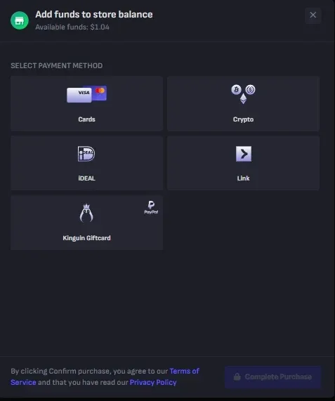 Tradeit deposit method screen offering cards, crypto, iDEAL, Link, and Kinguin gift card, with 1.04 dollars of available funds
