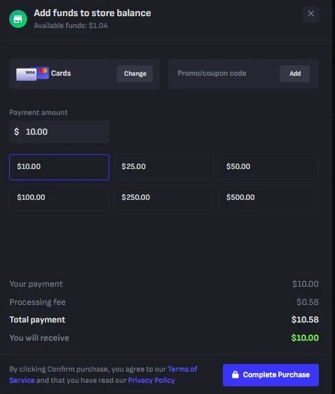 Tradeit add funds screen showing a 10 dollar card payment with a 58 cent processing fee for a 10.58 total, receiving 10 dollars of balance