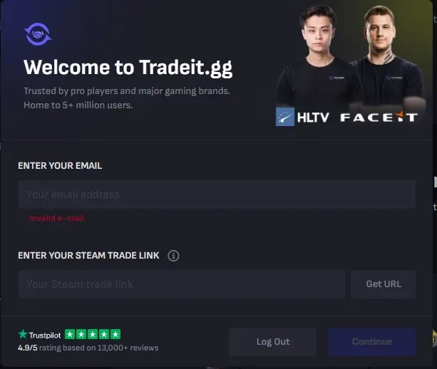 Tradeit.gg welcome screen asking for an email and a Steam trade link, with HLTV and FACEIT logos and a Trustpilot 4.9 out of 5 based on 13,000 reviews badge