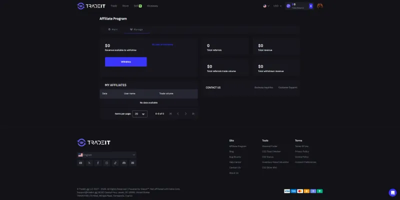 Affiliate program management tab showing $0 revenue, referrals, trade volume and no affiliate data yet.