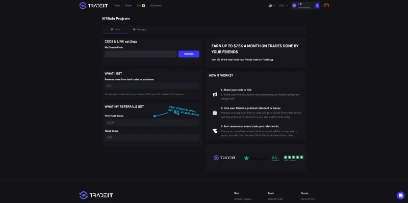 Tradeit affiliate program page showing a 1 percent revenue share for the referrer, a 5 dollar first trade bonus and 35 percent top-up bonus for referrals, and an earn up to 25,000 dollars a month banner