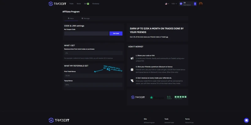 Tradeit affiliate program page showing a 1 percent revenue share for the referrer, a 5 dollar first trade bonus and 35 percent top-up bonus for referrals, and an earn up to 25,000 dollars a month banner