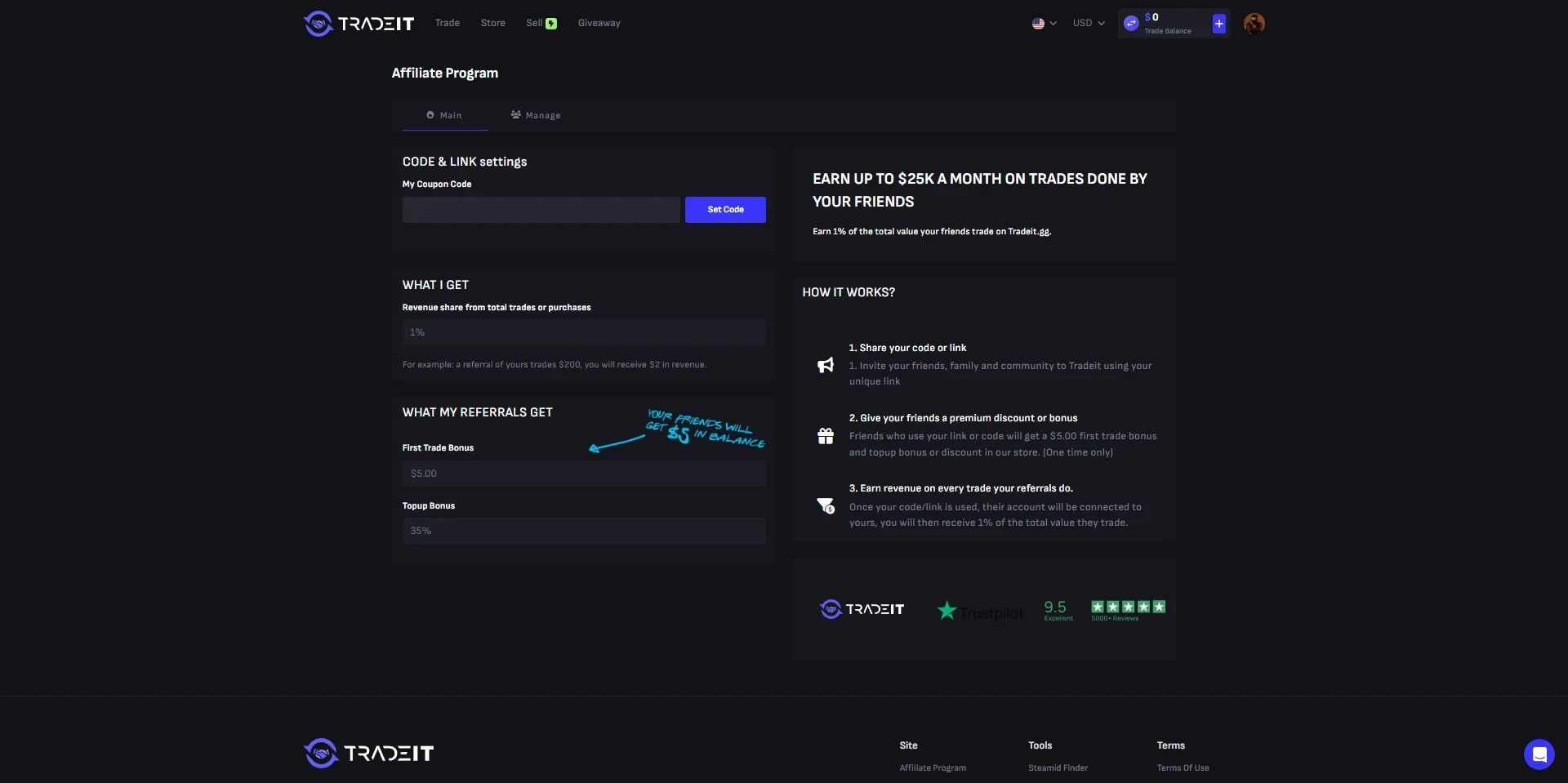 Tradeit affiliate program page showing a 1 percent revenue share for the referrer, a 5 dollar first trade bonus and 35 percent top-up bonus for referrals, and an earn up to 25,000 dollars a month banner