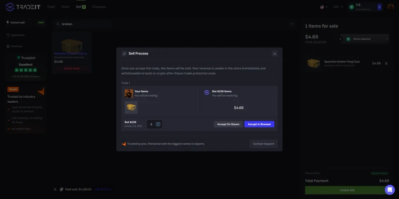Tradeit sell process showing an Operation Broken Fang Case traded to verified Bot 136 for 4.69 dollars, with the revenue usable in the store immediately and withdrawable to bank or crypto after trade protection ends