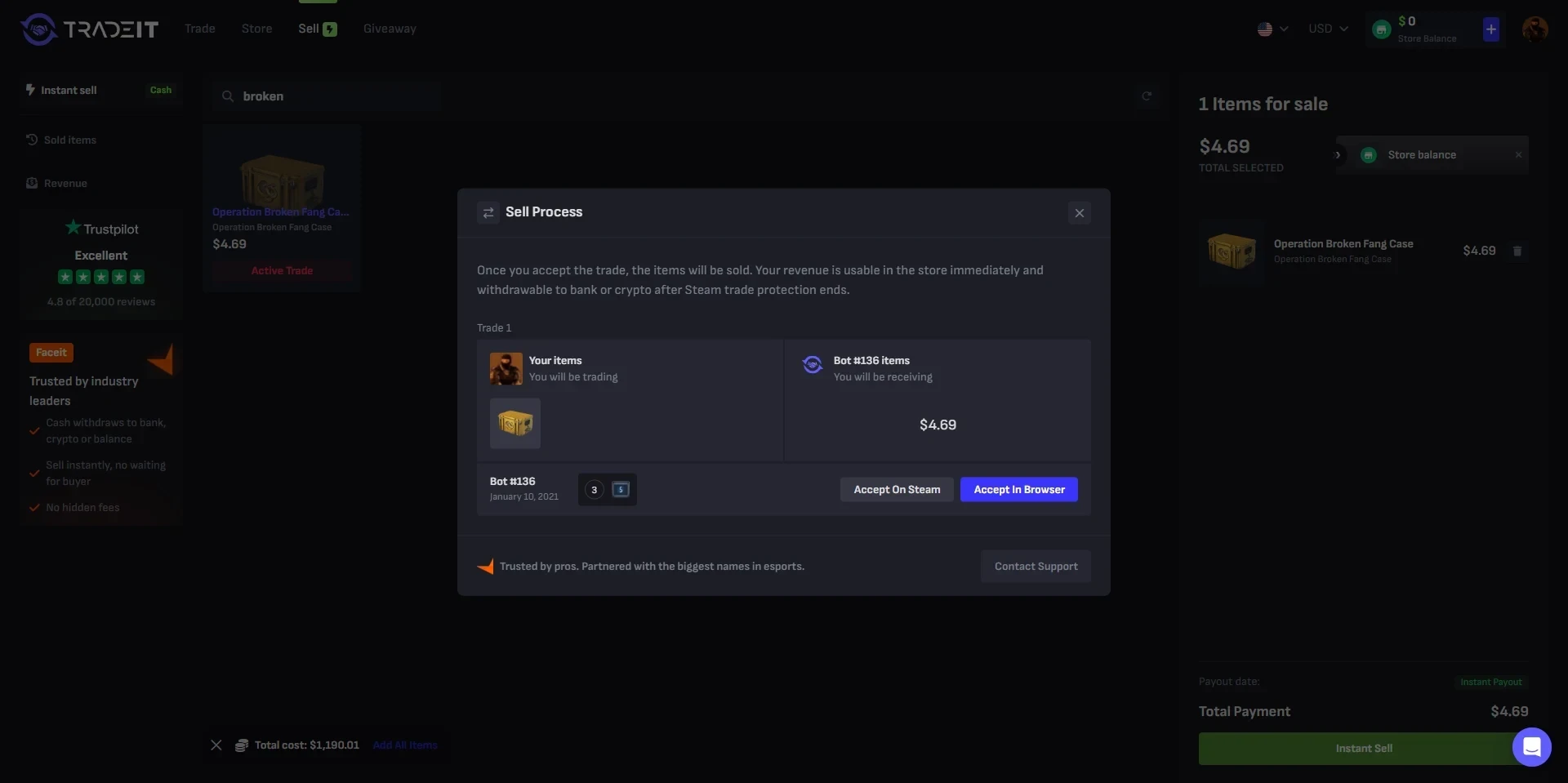 Tradeit sell process showing an Operation Broken Fang Case traded to verified Bot 136 for 4.69 dollars, with the revenue usable in the store immediately and withdrawable to bank or crypto after trade protection ends