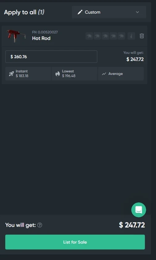 ShadowPay P2P listing panel for an MP9 Hot Rod at $260.76, showing a $247.72 payout after fees, an Instant Sell offer of $183.18 and a lowest listing of $196.48