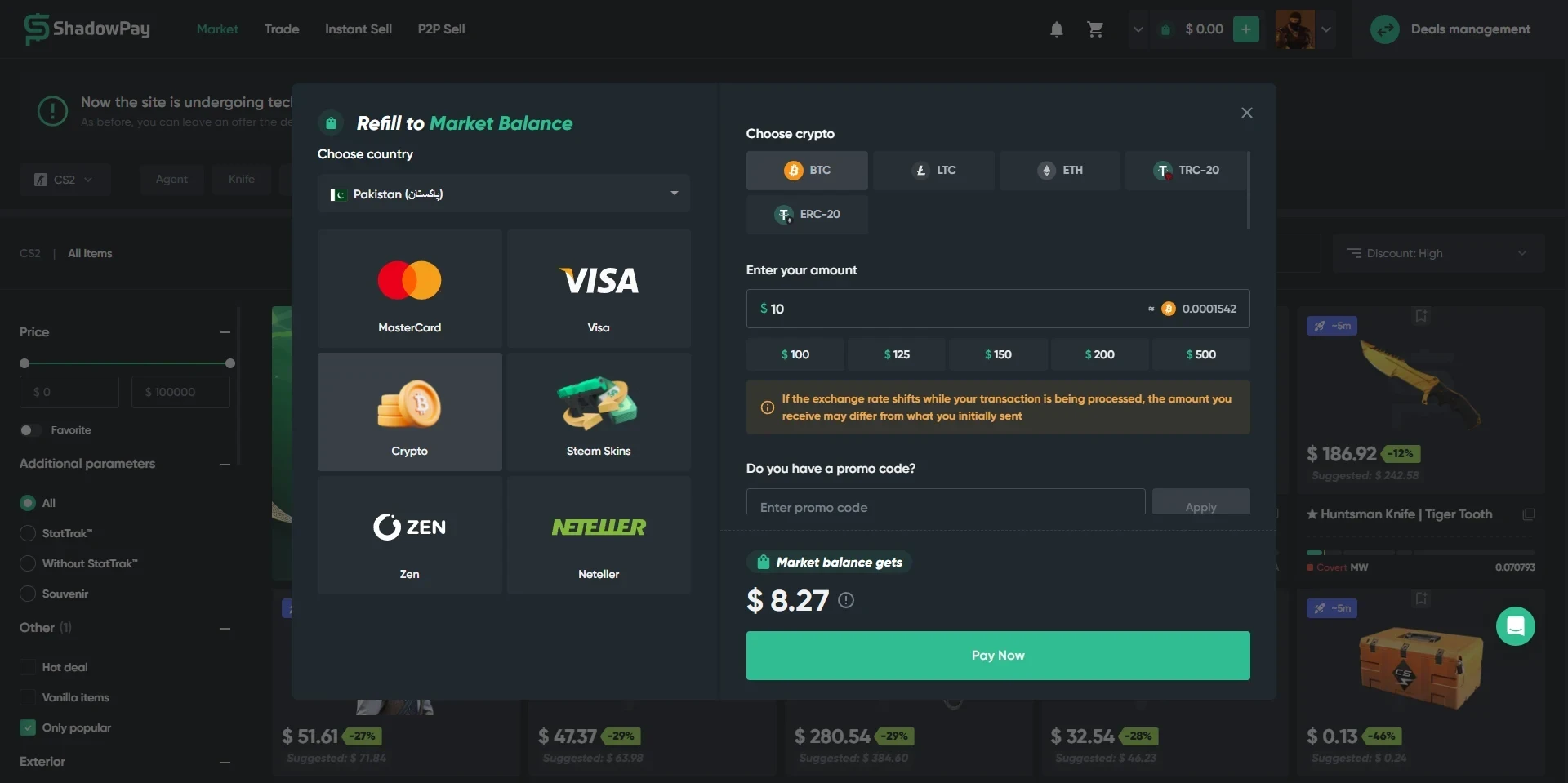 ShadowPay crypto refill window for a $10 BTC deposit, showing $8.27 credited to the market balance