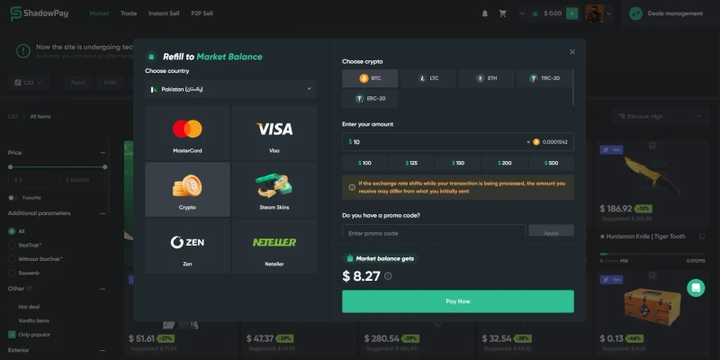 ShadowPay crypto refill window for a $10 BTC deposit, showing $8.27 credited to the market balance