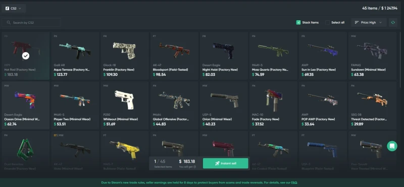 ShadowPay Instant Sell inventory with an MP9 Hot Rod selected for $183.18 and the notice that seller earnings are held for 8 days