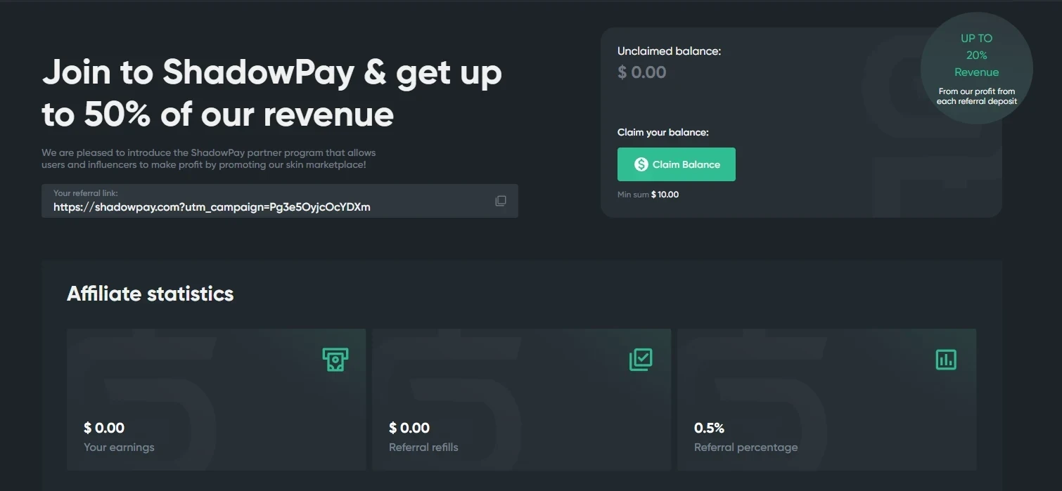 ShadowPay partner program page advertising up to 50% of revenue, 20% on referral deposits and a $10 minimum claim
