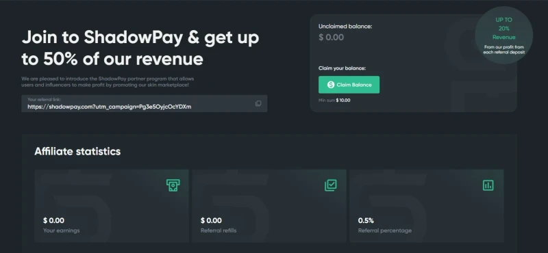 ShadowPay partner program page advertising up to 50% of revenue, 20% on referral deposits and a $10 minimum claim