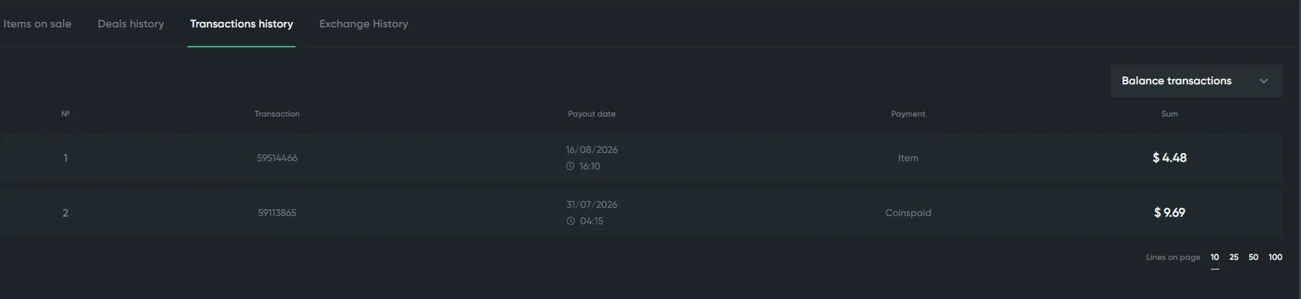 ShadowPay balance transactions showing a $9.69 crypto deposit and a $4.48 credit from an item sale