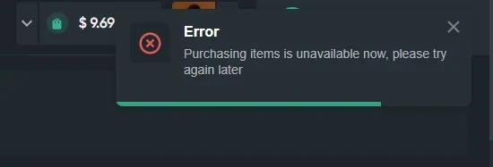 ShadowPay error notice reading Purchasing items is unavailable now, please try again later, with a $9.69 balance