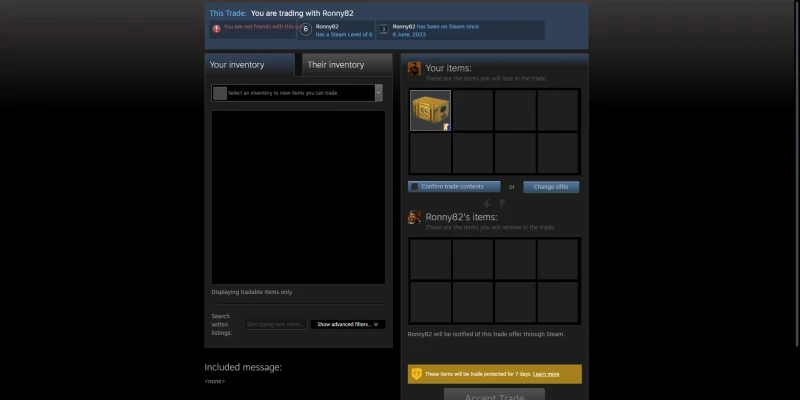 Steam trade offer sending a sold CS2 case to a ShadowPay buyer, with the 7-day trade protection notice
