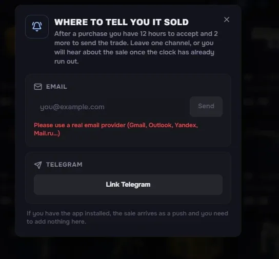 CSBoard notification setup dialog showing email field with an error saying to use a real email provider, and a Telegram linking option below.